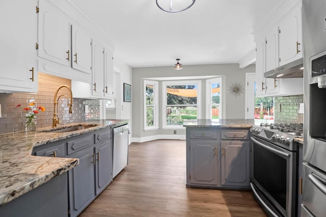 1468 N Relyea Ave, Charleston, SC 29412 - kitchen with stainless steel appliances, gray cabinetry, under cabinet range hood, and dark wood-style flooring