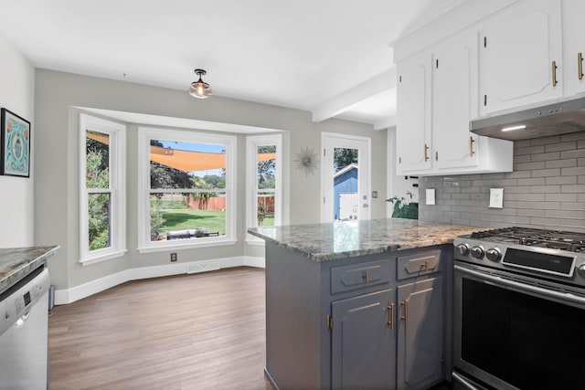 1468 N Relyea Ave, Charleston, SC 29412 - kitchen featuring stainless steel range with gas cooktop, under cabinet range hood, white dishwasher, white cabinets, and decorative backsplash