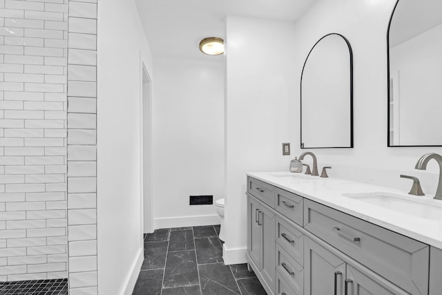 1468 N Relyea Ave, Charleston, SC 29412 - bathroom with double vanity, marble look tile flooring, and a walk in shower
