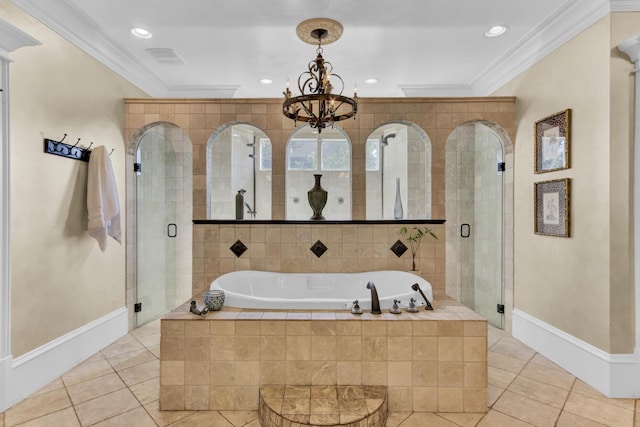 bathroom with shower with separate bathtub, tile patterned floors, and ornamental molding