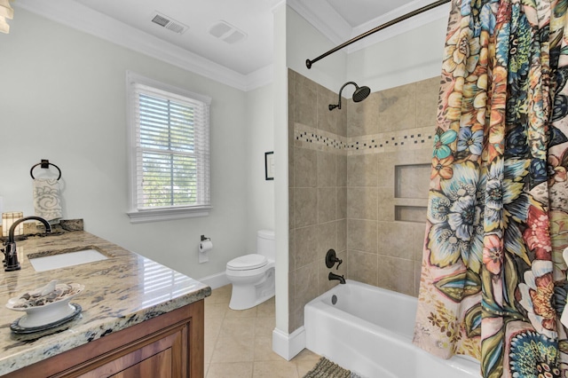 full bathroom featuring tile patterned floors, ornamental molding, vanity, shower / tub combo with curtain, and toilet