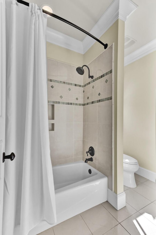 bathroom with tile patterned floors, toilet, crown molding, and shower / tub combo with curtain