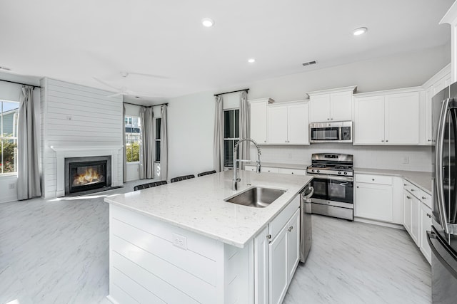 kitchen with appliances with stainless steel finishes, a center island with sink, plenty of natural light, and sink