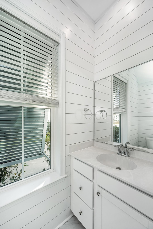 bathroom featuring wood walls, vanity, and a healthy amount of sunlight