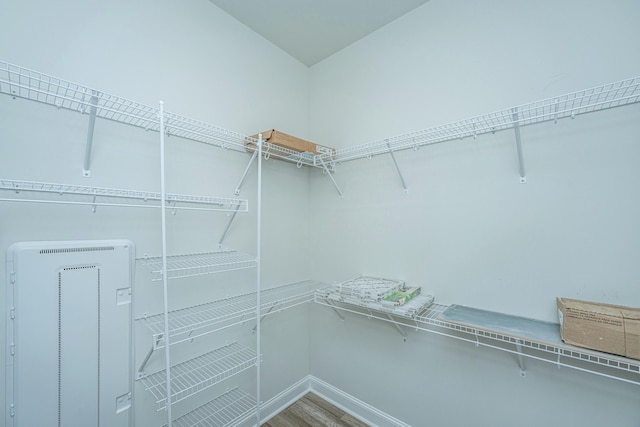 walk in closet with wood-type flooring