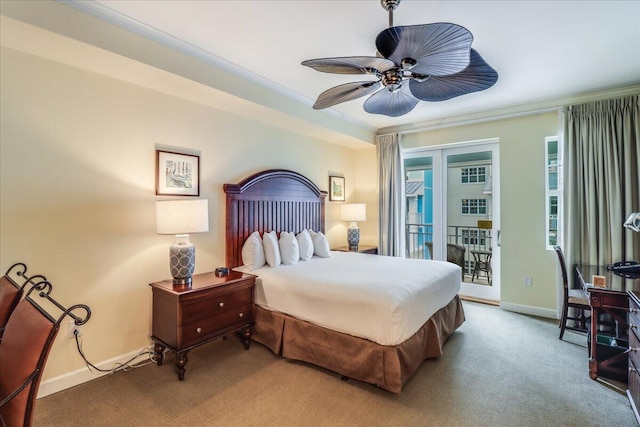 bedroom featuring ceiling fan, carpet, access to outside, and ornamental molding