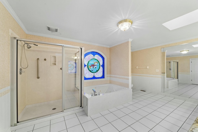 bathroom with toilet, shower with separate bathtub, tile patterned floors, and crown molding