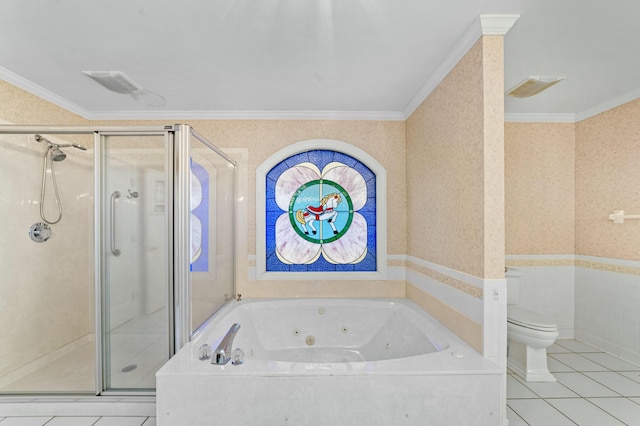 bathroom featuring tile patterned floors, independent shower and bath, ornamental molding, and toilet