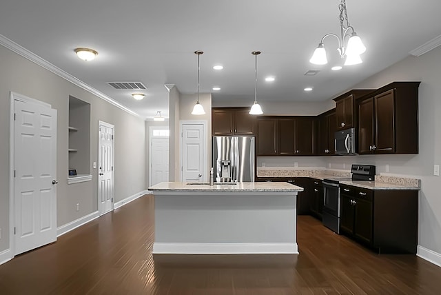 kitchen featuring light stone countertops, ornamental molding, stainless steel appliances, baseboards, and dark wood-style floors