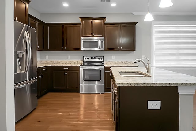 kitchen featuring ornamental molding, dark brown cabinets, appliances with stainless steel finishes, a sink, and wood finished floors