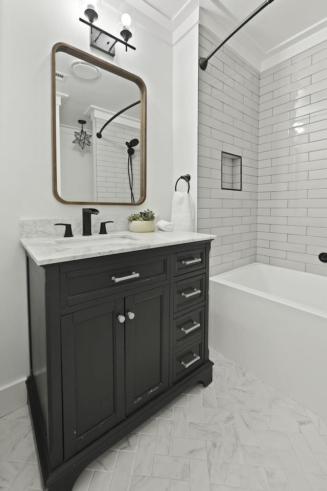 full bath featuring vanity, shower / bathing tub combination, visible vents, and marble finish floor