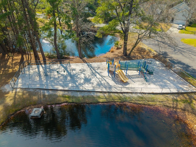 drone / aerial view with a water view