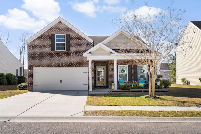 view of front of property with brick siding, covered porch, concrete driveway, and a front lawn