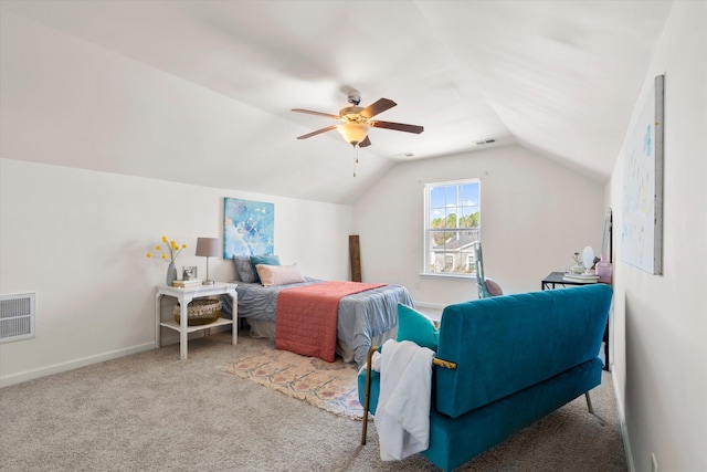 bedroom with visible vents, carpet flooring, a ceiling fan, and vaulted ceiling