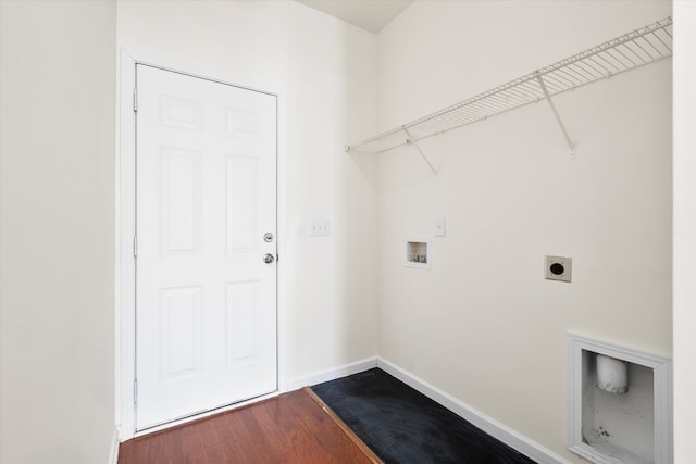 clothes washing area with washer hookup, laundry area, baseboards, hookup for an electric dryer, and dark wood-style flooring