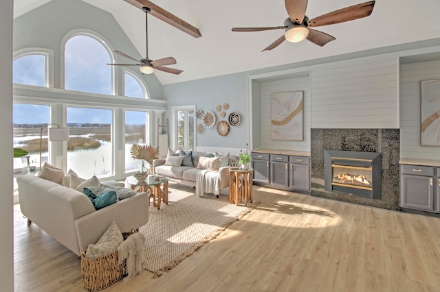 living room with light hardwood / wood-style floors, a healthy amount of sunlight, ceiling fan, and a tile fireplace