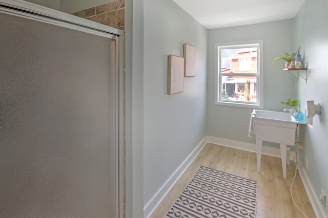 bathroom featuring a shower with shower door and wood-type flooring