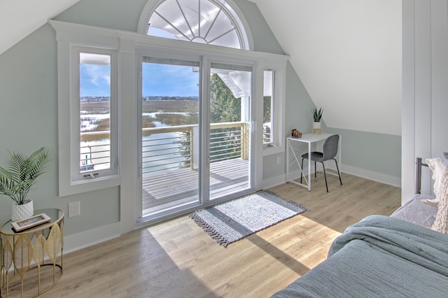 doorway to outside featuring vaulted ceiling and light hardwood / wood-style flooring