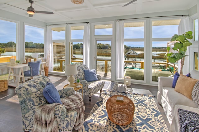 sunroom with coffered ceiling, ceiling fan, and a healthy amount of sunlight