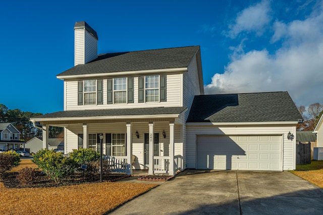 view of front facade with a porch and a garage