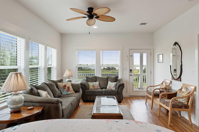 31 W 9th St, Folly Beach, SC 29439 - living room with light wood-style flooring, a ceiling fan, and recessed lighting