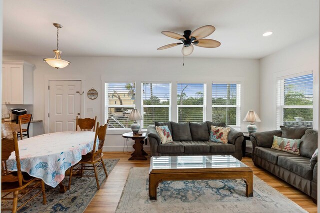 31 W 9th St, Folly Beach, SC 29439 - living area featuring a ceiling fan, light wood-style flooring, and recessed lighting