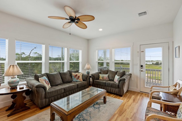31 W 9th St, Folly Beach, SC 29439 - living room featuring light wood finished floors, a ceiling fan, and recessed lighting