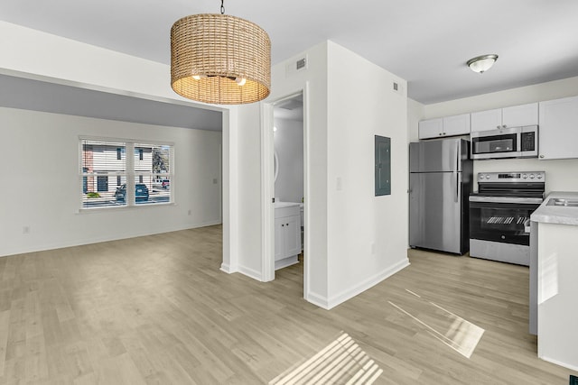 kitchen featuring light wood finished floors, visible vents, light countertops, electric panel, and stainless steel appliances