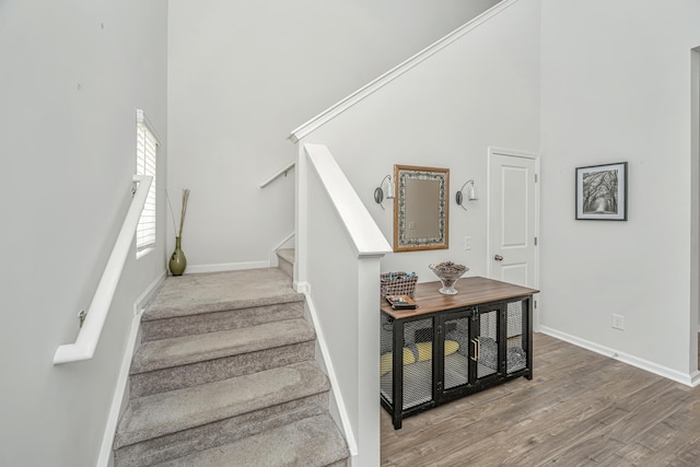 staircase featuring a high ceiling, baseboards, and wood finished floors