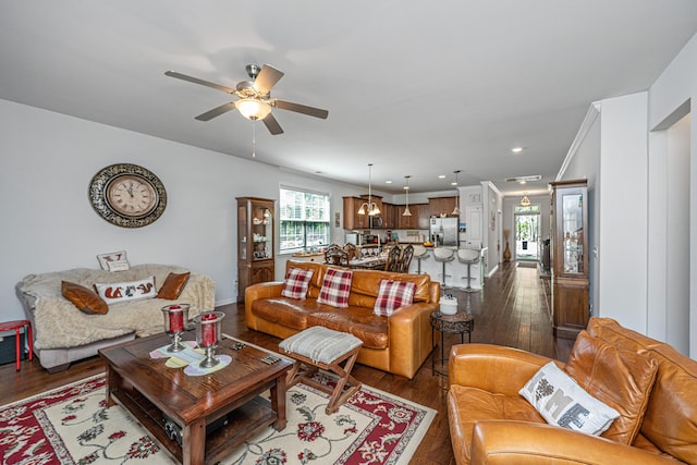 5442 Clearview Dr, North Charleston, SC 29420 - living room with ceiling fan, dark wood-type flooring, recessed lighting, and ornamental molding