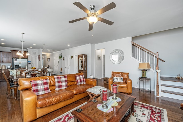 5442 Clearview Dr, North Charleston, SC 29420 - living room with stairway, a ceiling fan, crown molding, dark wood-style floors, and recessed lighting