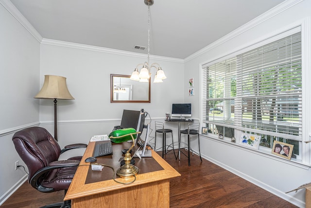 5442 Clearview Dr, North Charleston, SC 29420 - home office featuring a chandelier, ornamental molding, wood finished floors, and baseboards