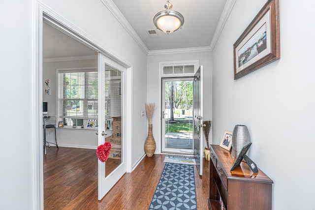5442 Clearview Dr, North Charleston, SC 29420 - foyer featuring crown molding, dark wood-type flooring, and baseboards