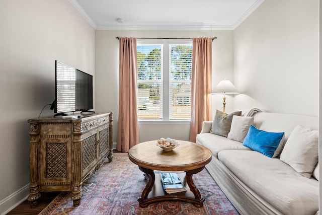 living room featuring crown molding and hardwood / wood-style floors