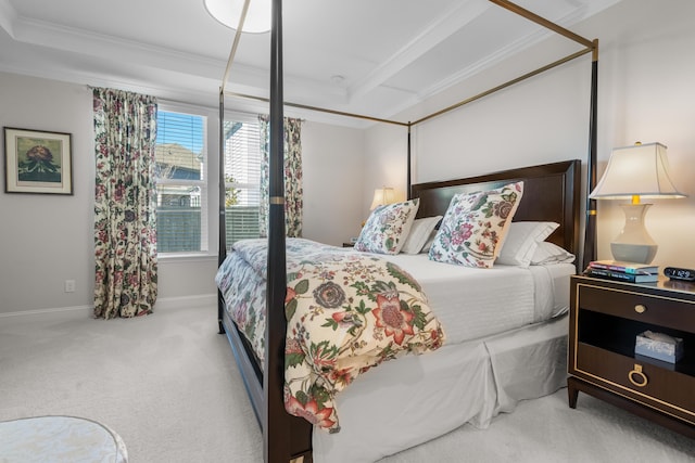 carpeted bedroom with a raised ceiling and crown molding