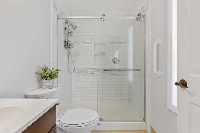 bathroom featuring toilet, a shower stall, and vanity