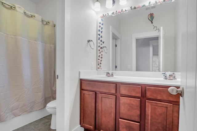 bathroom with tile patterned floors, double vanity, toilet, and shower / bathtub combination with curtain