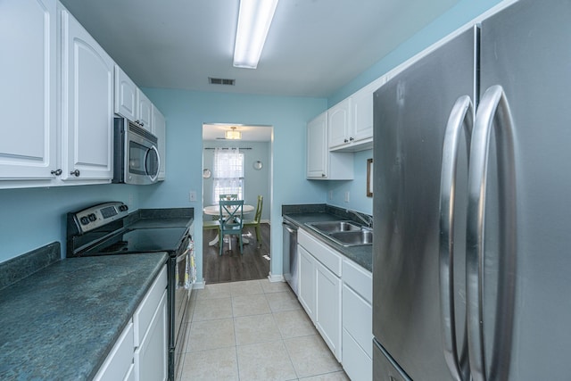 kitchen featuring stainless steel appliances, a sink, dark countertops, white cabinetry, and light tile patterned floors