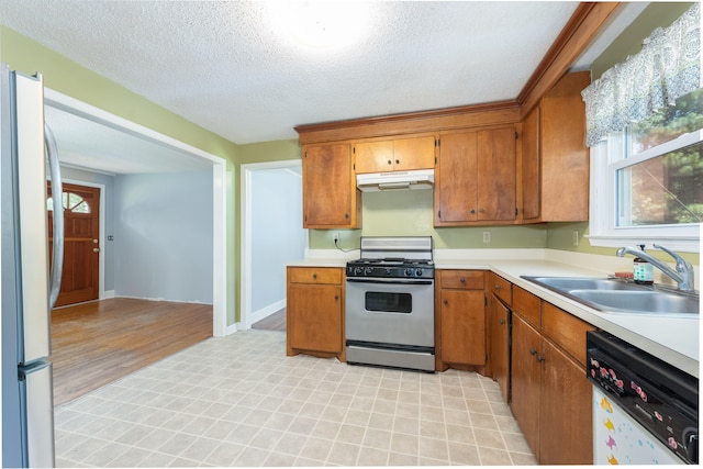 kitchen with sink, white appliances, a wealth of natural light, and light wood-type flooring