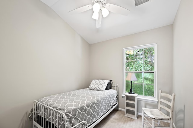 carpeted bedroom with ceiling fan