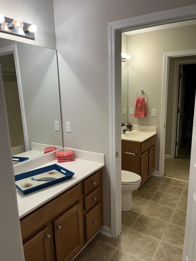 bathroom featuring vanity, toilet, and tile patterned flooring