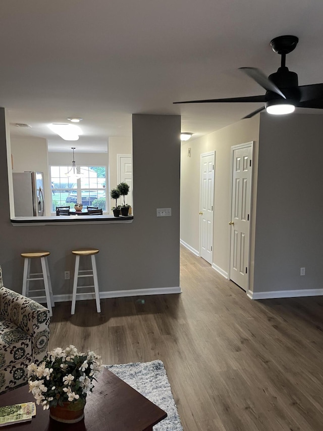 living room with wood-type flooring and ceiling fan