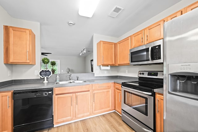 kitchen with appliances with stainless steel finishes, light hardwood / wood-style floors, and sink