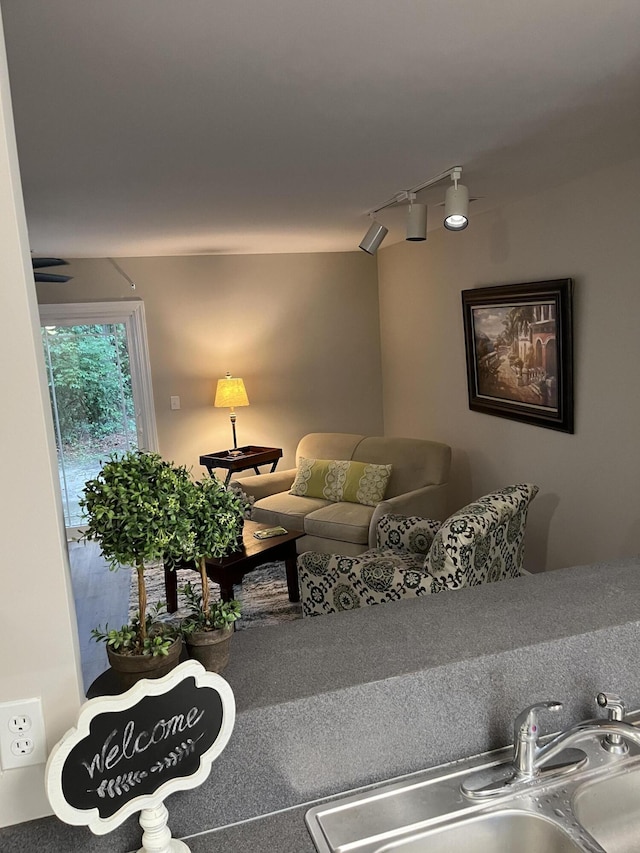 living room with sink and rail lighting