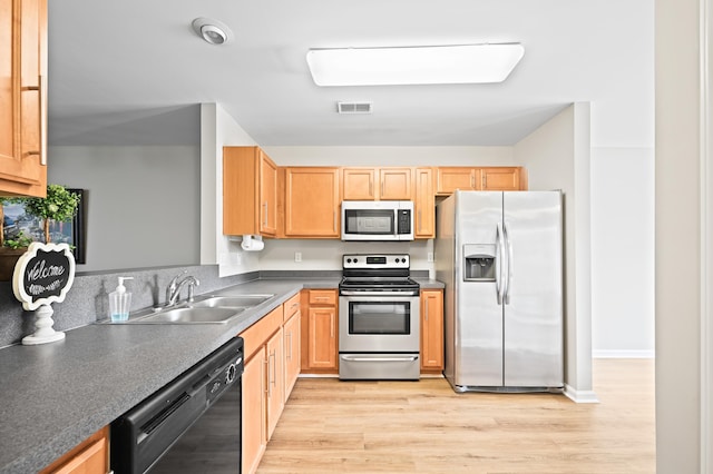 kitchen featuring sink, light hardwood / wood-style flooring, and appliances with stainless steel finishes