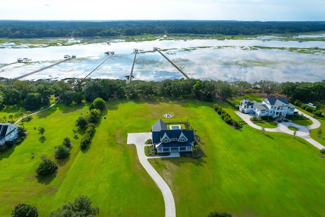 bird's eye view with a water view