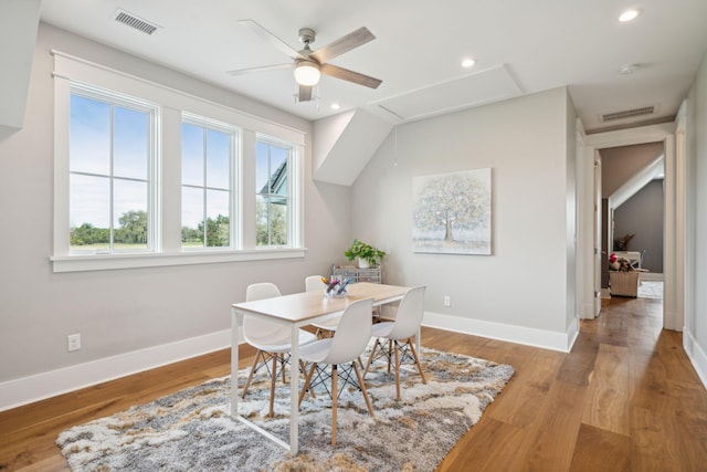 dining space with recessed lighting, baseboards, visible vents, and light wood finished floors