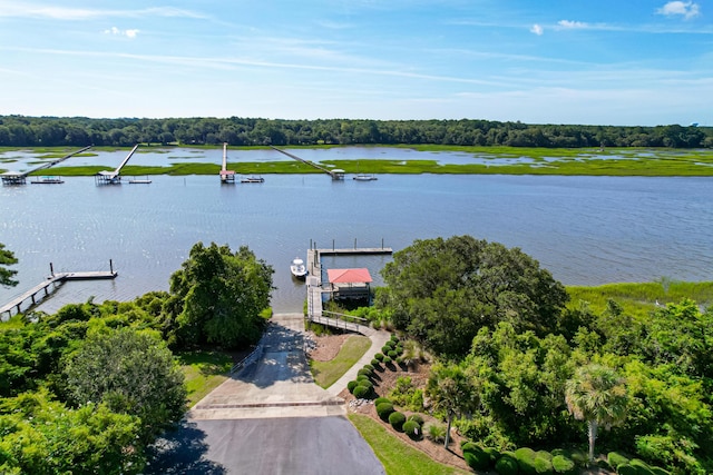 aerial view featuring a water view and a wooded view