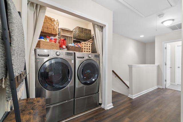 826 Bibury Ct, Charleston, SC 29414 - laundry area with attic access, wood finished floors, washing machine and dryer, and baseboards