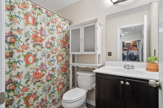826 Bibury Ct, Charleston, SC 29414 - bathroom with washer and clothes dryer, vanity, toilet, and curtained shower